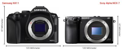 Größenvergleich: Samsung NX11 vs. Sony Alpha NEX-7 Größenvergleich: Samsung NX11 vs. Sony Alpha NEX-7