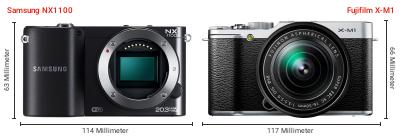 Größenvergleich: Samsung NX1100 vs. Fujifilm X-M1 Größenvergleich: Samsung NX1100 vs. Fujifilm X-M1