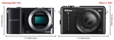Größenvergleich: Samsung NX1100 vs. Nikon 1 AW1 Größenvergleich: Samsung NX1100 vs. Nikon 1 AW1