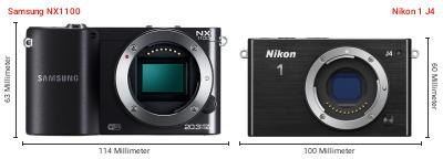 Größenvergleich: Samsung NX1100 vs. Nikon 1 J4 Größenvergleich: Samsung NX1100 vs. Nikon 1 J4