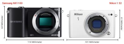 Größenvergleich: Samsung NX1100 vs. Nikon 1 S2 Größenvergleich: Samsung NX1100 vs. Nikon 1 S2