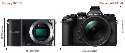 Größenvergleich: Samsung NX1100 vs. OM System OM-D E-M1 Größenvergleich: Samsung NX1100 vs. OM System OM-D E-M1