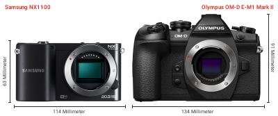 Größenvergleich: Samsung NX1100 vs. OM System OM-D E-M1 Mark II Größenvergleich: Samsung NX1100 vs. OM System OM-D E-M1 Mark II