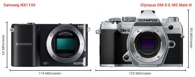 Größenvergleich: Samsung NX1100 vs. OM System OM-D E-M5 Mark III Größenvergleich: Samsung NX1100 vs. OM System OM-D E-M5 Mark III