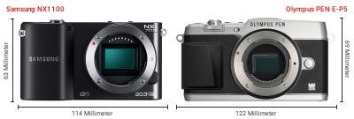 Größenvergleich: Samsung NX1100 vs. OM System PEN E-P5 Größenvergleich: Samsung NX1100 vs. OM System PEN E-P5