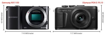 Größenvergleich: Samsung NX1100 vs. OM System PEN E-PL10 Größenvergleich: Samsung NX1100 vs. OM System PEN E-PL10