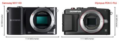 Größenvergleich: Samsung NX1100 vs. OM System PEN E-PL6 Größenvergleich: Samsung NX1100 vs. OM System PEN E-PL6