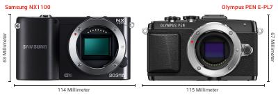 Größenvergleich: Samsung NX1100 vs. OM System PEN E-PL7 Größenvergleich: Samsung NX1100 vs. OM System PEN E-PL7