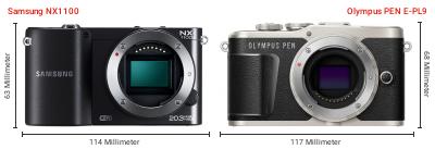 Größenvergleich: Samsung NX1100 vs. OM System PEN E-PL9 Größenvergleich: Samsung NX1100 vs. OM System PEN E-PL9