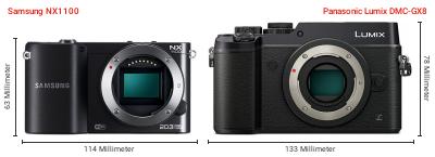 Größenvergleich: Samsung NX1100 vs. Panasonic Lumix DMC-GX8 Größenvergleich: Samsung NX1100 vs. Panasonic Lumix DMC-GX8