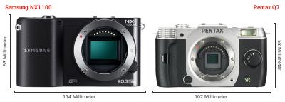 Größenvergleich: Samsung NX1100 vs. Pentax Q7 Größenvergleich: Samsung NX1100 vs. Pentax Q7