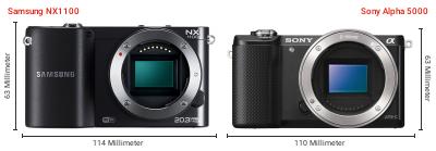 Größenvergleich: Samsung NX1100 vs. Sony Alpha 5000 Größenvergleich: Samsung NX1100 vs. Sony Alpha 5000