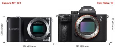 Größenvergleich: Samsung NX1100 vs. Sony Alpha 7 III Größenvergleich: Samsung NX1100 vs. Sony Alpha 7 III