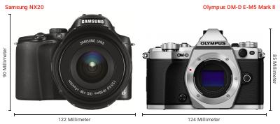Größenvergleich: Samsung NX20 vs. OM System OM-D E-M5 Mark II