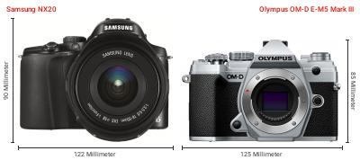 Größenvergleich: Samsung NX20 vs. OM System OM-D E-M5 Mark III