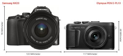 Größenvergleich: Samsung NX20 vs. OM System PEN E-PL10