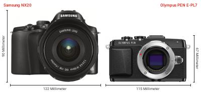 Größenvergleich: Samsung NX20 vs. OM System PEN E-PL7