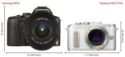 Größenvergleich: Samsung NX20 vs. OM System PEN E-PL8 Größenvergleich: Samsung NX20 vs. OM System PEN E-PL8