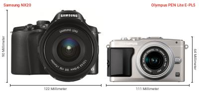 Größenvergleich: Samsung NX20 vs. OM System PEN Lite E-PL5 Größenvergleich: Samsung NX20 vs. OM System PEN Lite E-PL5