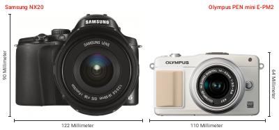 Größenvergleich: Samsung NX20 vs. OM System PEN mini E-PM2 Größenvergleich: Samsung NX20 vs. OM System PEN mini E-PM2