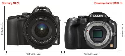 Größenvergleich: Samsung NX20 vs. Panasonic Lumix DMC-G5 Größenvergleich: Samsung NX20 vs. Panasonic Lumix DMC-G5