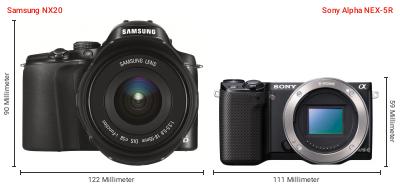 Größenvergleich: Samsung NX20 vs. Sony Alpha NEX-5R Größenvergleich: Samsung NX20 vs. Sony Alpha NEX-5R