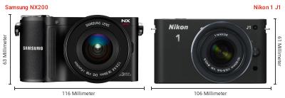Größenvergleich: Samsung NX200 vs. Nikon 1 J1 Größenvergleich: Samsung NX200 vs. Nikon 1 J1