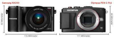 Größenvergleich: Samsung NX200 vs. OM System PEN E-PL6 Größenvergleich: Samsung NX200 vs. OM System PEN E-PL6