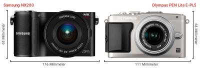 Größenvergleich: Samsung NX200 vs. OM System PEN Lite E-PL5 Größenvergleich: Samsung NX200 vs. OM System PEN Lite E-PL5