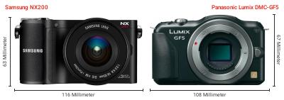 Größenvergleich: Samsung NX200 vs. Panasonic Lumix DMC-GF5 Größenvergleich: Samsung NX200 vs. Panasonic Lumix DMC-GF5