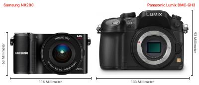 Größenvergleich: Samsung NX200 vs. Panasonic Lumix DMC-GH3 Größenvergleich: Samsung NX200 vs. Panasonic Lumix DMC-GH3