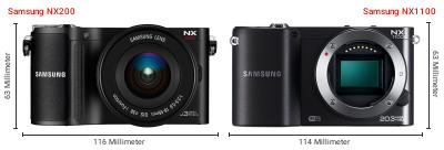 Größenvergleich: Samsung NX200 vs. Samsung NX1100 Größenvergleich: Samsung NX200 vs. Samsung NX1100