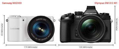 Größenvergleich: Samsung NX2000 vs. OM System OM-D E-M1 Größenvergleich: Samsung NX2000 vs. OM System OM-D E-M1