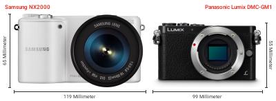 Größenvergleich: Samsung NX2000 vs. Panasonic Lumix DMC-GM1 Größenvergleich: Samsung NX2000 vs. Panasonic Lumix DMC-GM1