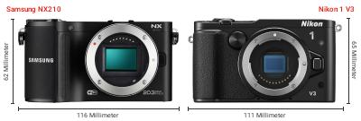 Größenvergleich: Samsung NX210 vs. Nikon 1 V3 Größenvergleich: Samsung NX210 vs. Nikon 1 V3