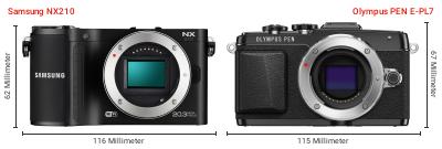 Größenvergleich: Samsung NX210 vs. OM System PEN E-PL7 Größenvergleich: Samsung NX210 vs. OM System PEN E-PL7