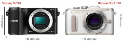 Größenvergleich: Samsung NX210 vs. OM System PEN E-PL8 Größenvergleich: Samsung NX210 vs. OM System PEN E-PL8