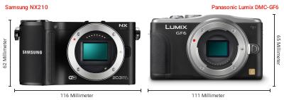 Größenvergleich: Samsung NX210 vs. Panasonic Lumix DMC-GF6 Größenvergleich: Samsung NX210 vs. Panasonic Lumix DMC-GF6