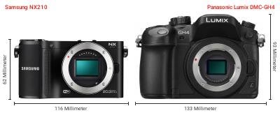 Größenvergleich: Samsung NX210 vs. Panasonic Lumix DMC-GH4 Größenvergleich: Samsung NX210 vs. Panasonic Lumix DMC-GH4