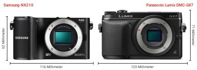 Größenvergleich: Samsung NX210 vs. Panasonic Lumix DMC-GX7 Größenvergleich: Samsung NX210 vs. Panasonic Lumix DMC-GX7