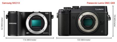 Größenvergleich: Samsung NX210 vs. Panasonic Lumix DMC-GX8