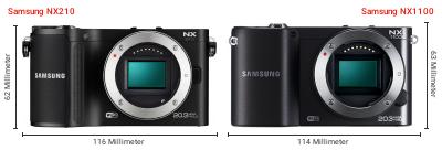 Größenvergleich: Samsung NX210 vs. Samsung NX1100 Größenvergleich: Samsung NX210 vs. Samsung NX1100