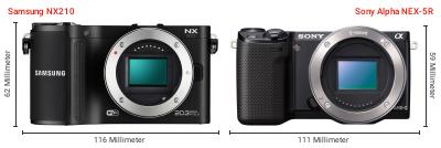 Größenvergleich: Samsung NX210 vs. Sony Alpha NEX-5R Größenvergleich: Samsung NX210 vs. Sony Alpha NEX-5R