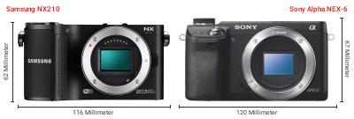 Größenvergleich: Samsung NX210 vs. Sony Alpha NEX-6 Größenvergleich: Samsung NX210 vs. Sony Alpha NEX-6