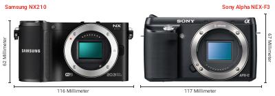 Größenvergleich: Samsung NX210 vs. Sony Alpha NEX-F3 Größenvergleich: Samsung NX210 vs. Sony Alpha NEX-F3