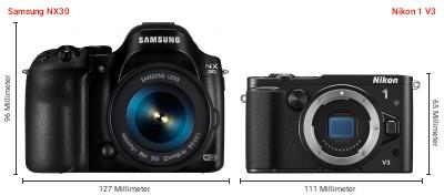 Größenvergleich: Samsung NX30 vs. Nikon 1 V3 Größenvergleich: Samsung NX30 vs. Nikon 1 V3