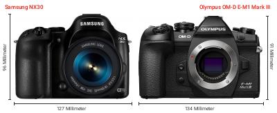 Größenvergleich: Samsung NX30 vs. OM System OM-D E-M1 Mark III Größenvergleich: Samsung NX30 vs. OM System OM-D E-M1 Mark III