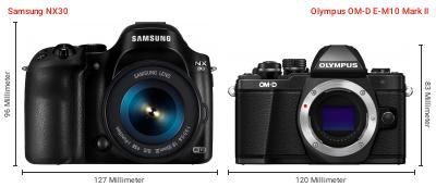 Größenvergleich: Samsung NX30 vs. OM System OM-D E-M10 Mark II Größenvergleich: Samsung NX30 vs. OM System OM-D E-M10 Mark II