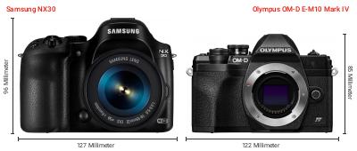 Größenvergleich: Samsung NX30 vs. OM System OM-D E-M10 Mark IV Größenvergleich: Samsung NX30 vs. OM System OM-D E-M10 Mark IV