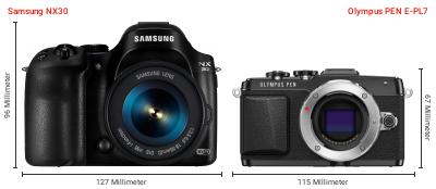 Größenvergleich: Samsung NX30 vs. OM System PEN E-PL7 Größenvergleich: Samsung NX30 vs. OM System PEN E-PL7
